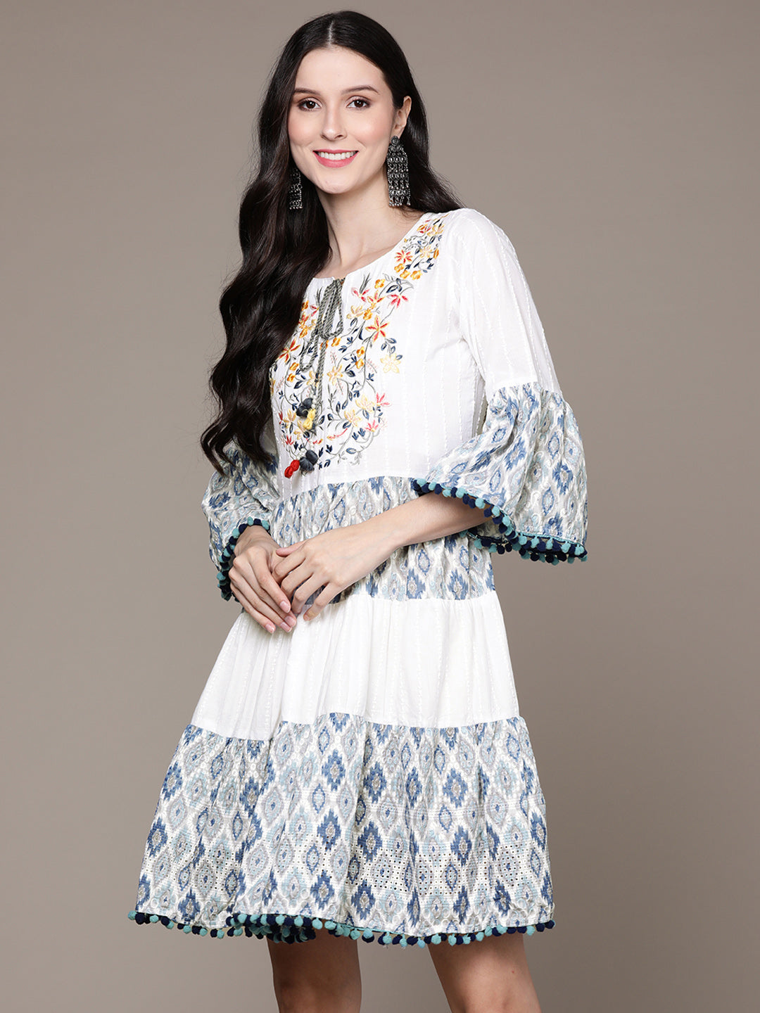 Ishin Women's White & Blue Embroidered A-Line Dress