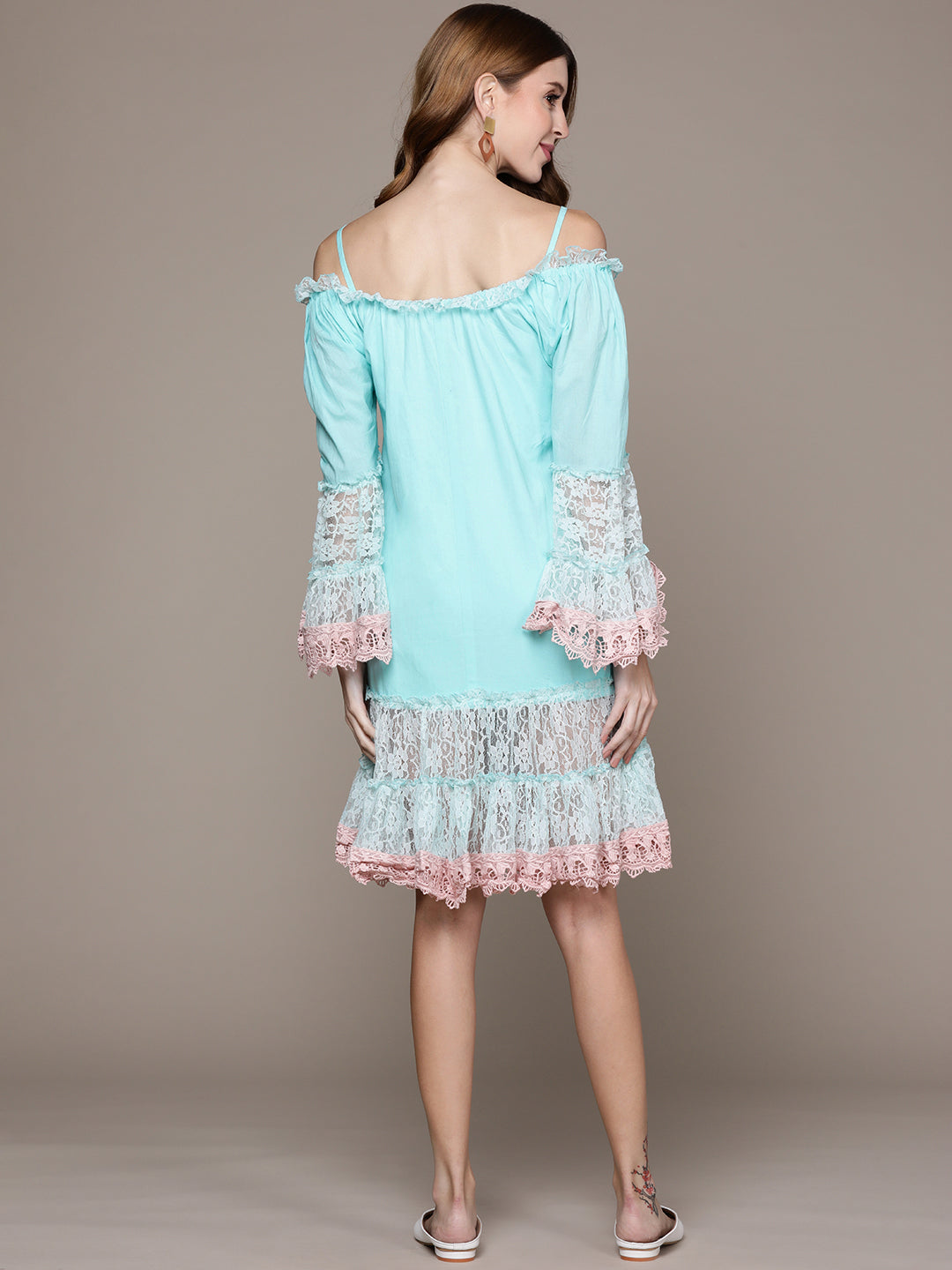 Ishin Women's Sea Blue Embellished Off-Shoulder Dress
