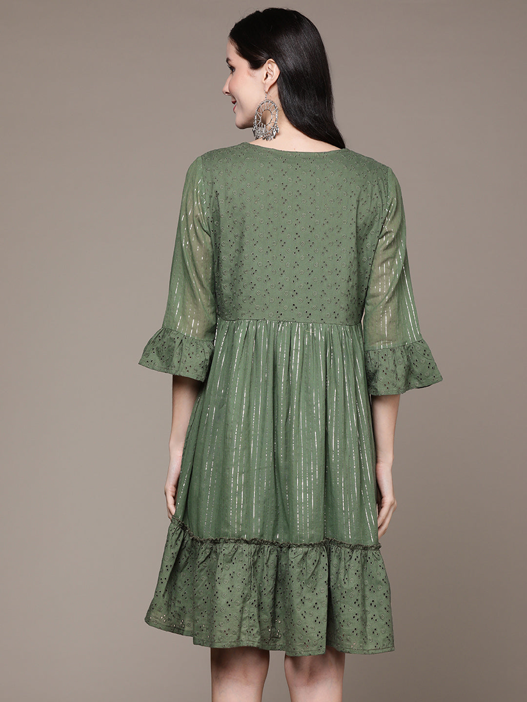 Ishin Women's Green Schiffli Embroidered Fit & Flare Dress