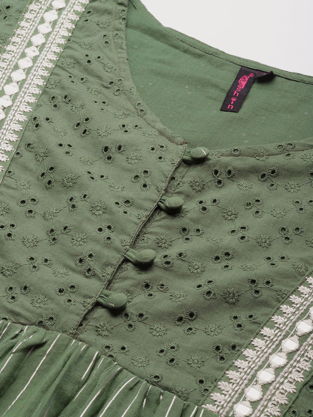 Ishin Women's Green Schiffli Embroidered Fit & Flare Dress