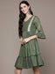 Ishin Women's Green Schiffli Embroidered Fit & Flare Dress