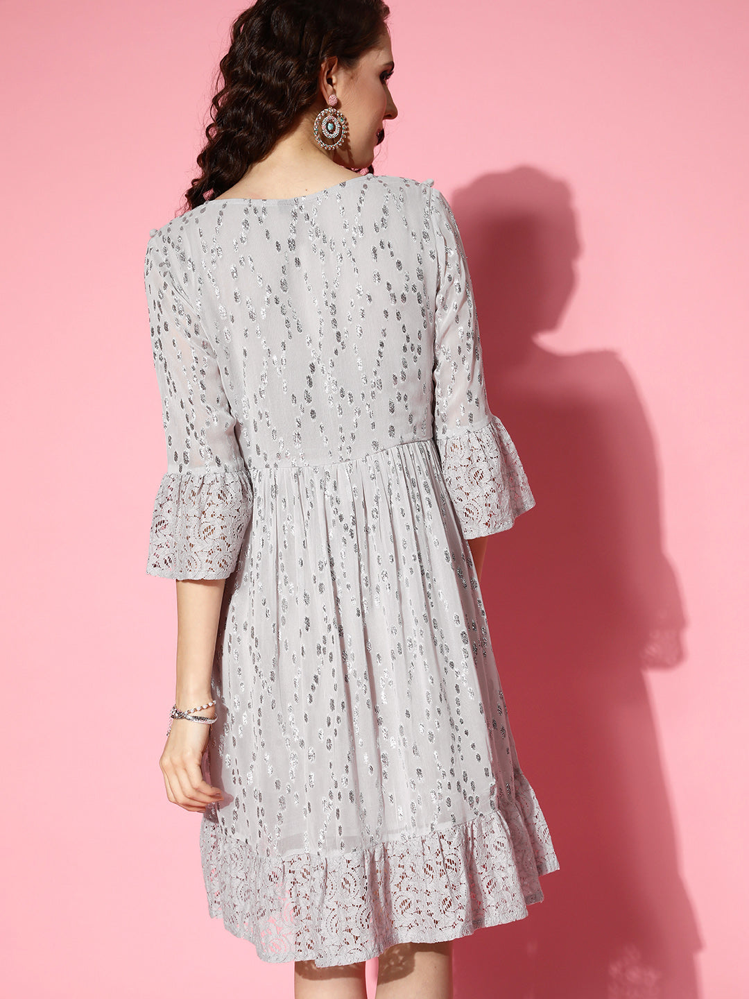 Ishin Women's Grey Embellished A-Line Dress