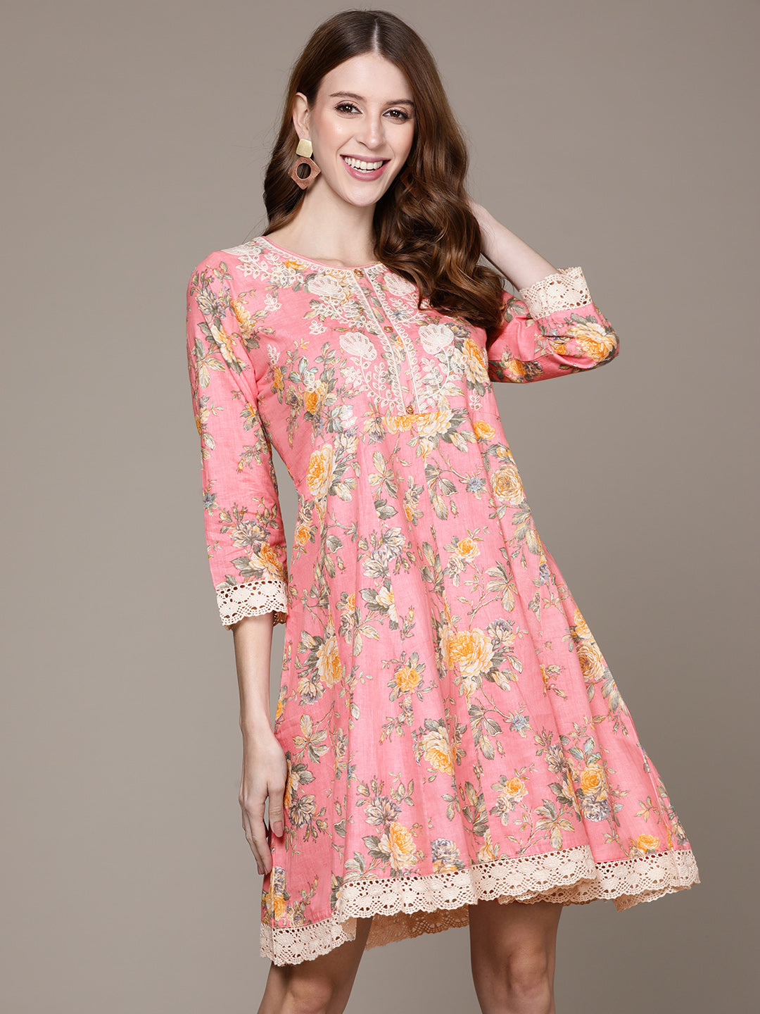 Ishin Women's Pink Embroidered A-Line Dress