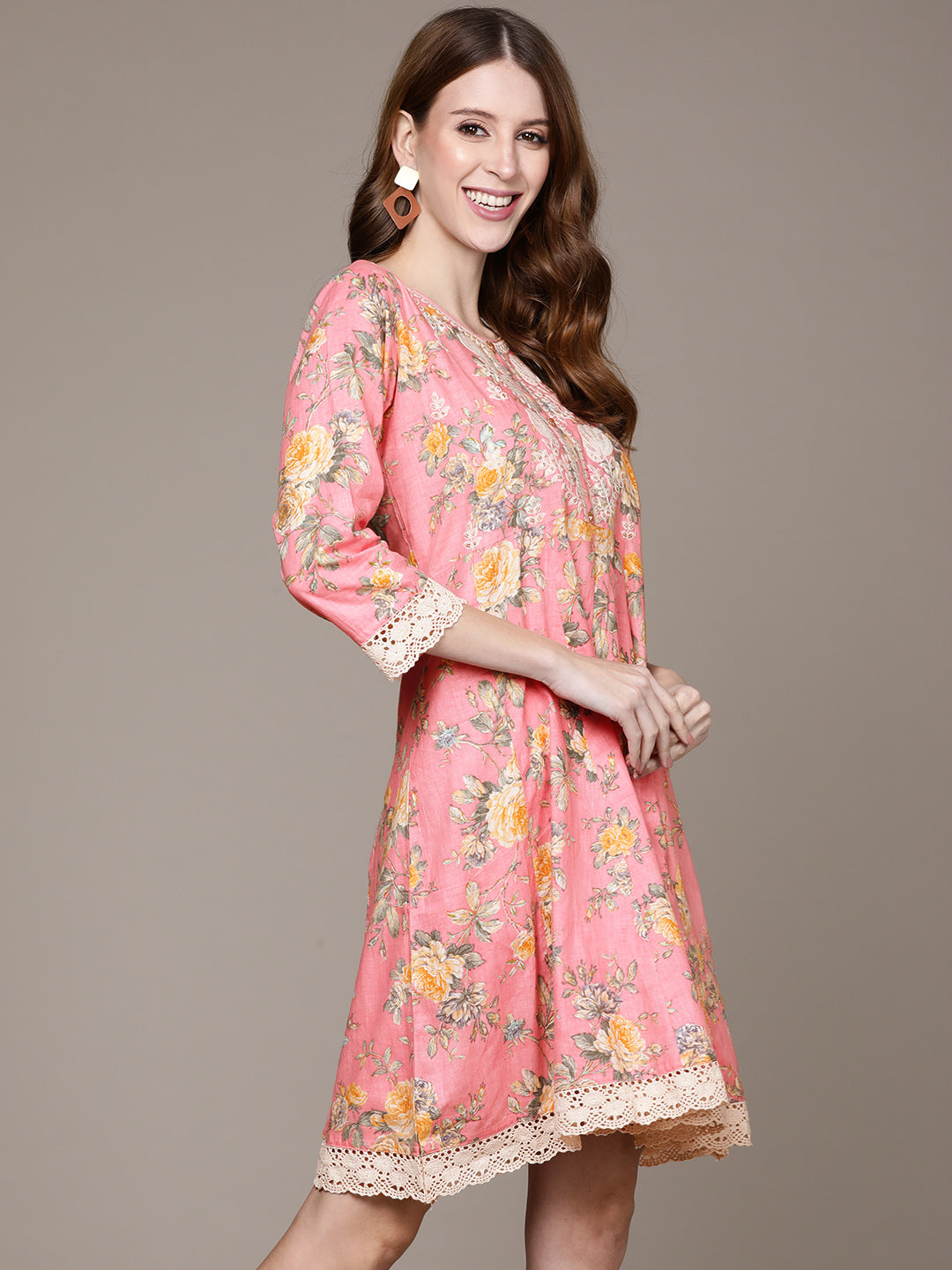 Ishin Women's Pink Embroidered A-Line Dress