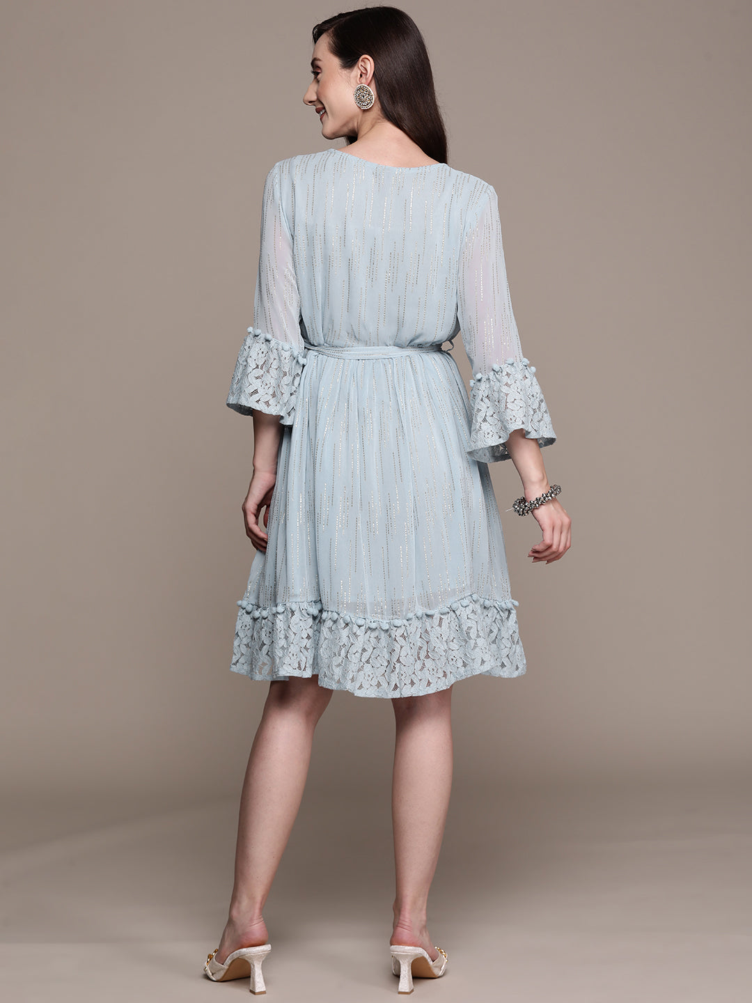 Ishin Women's Blue Embellished A-Line Dress