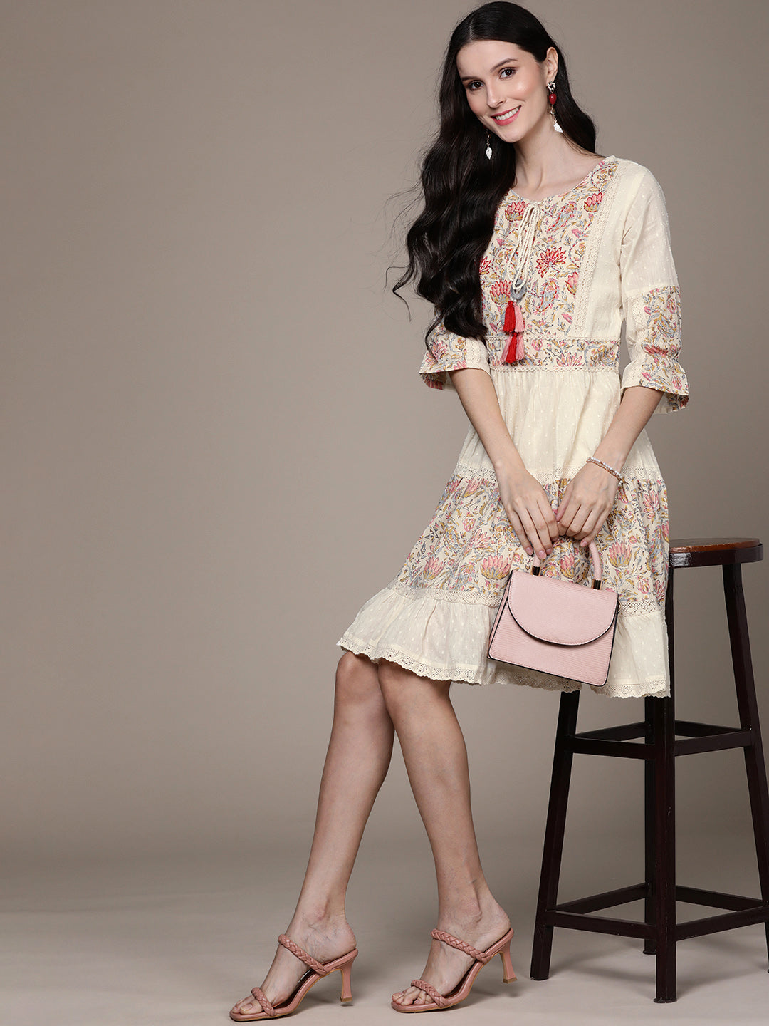 Ishin Women's Cream Flora A-Line Dress