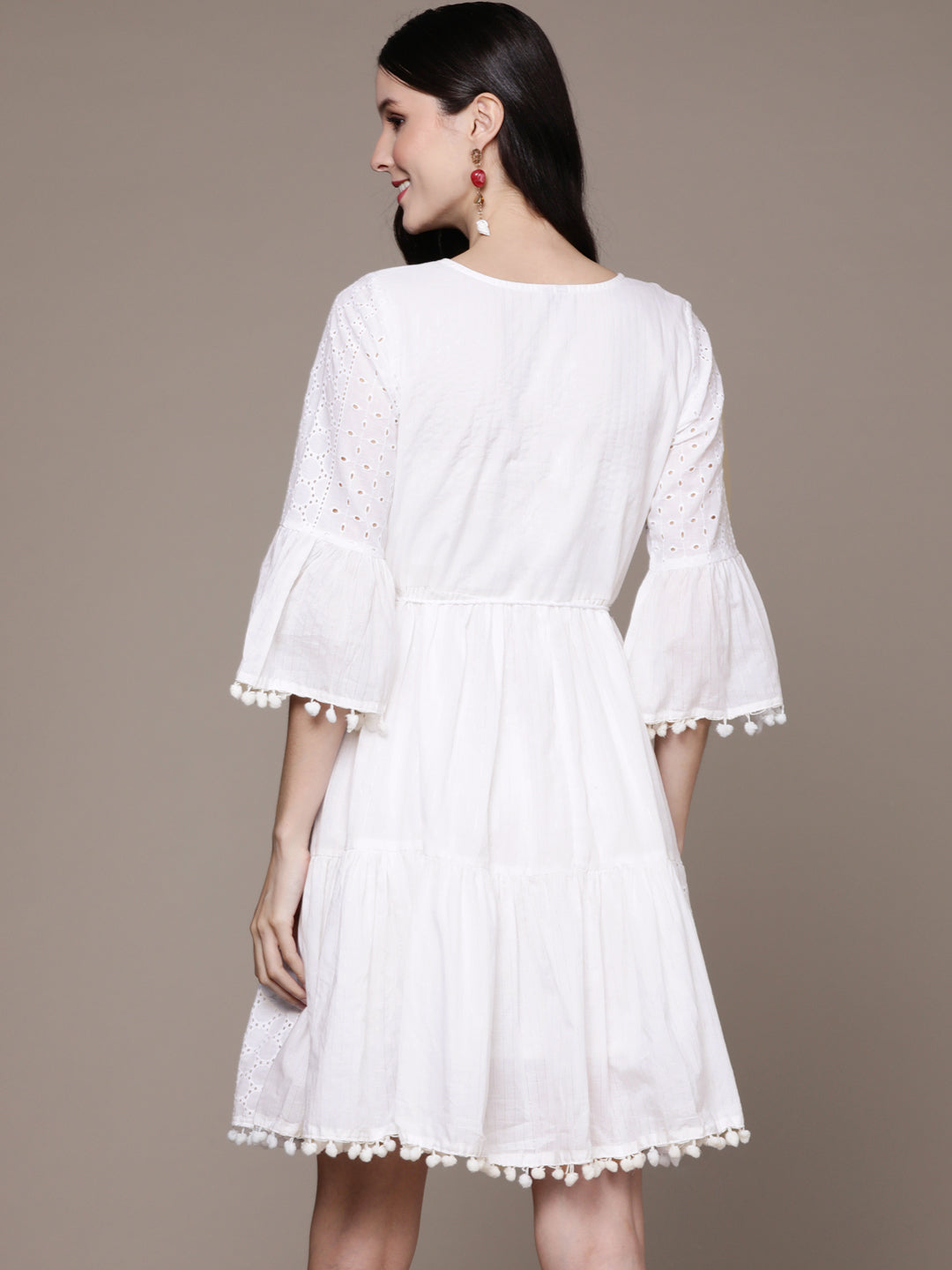 Ishin Women's White Schiffli Embroidered A-Line Dress