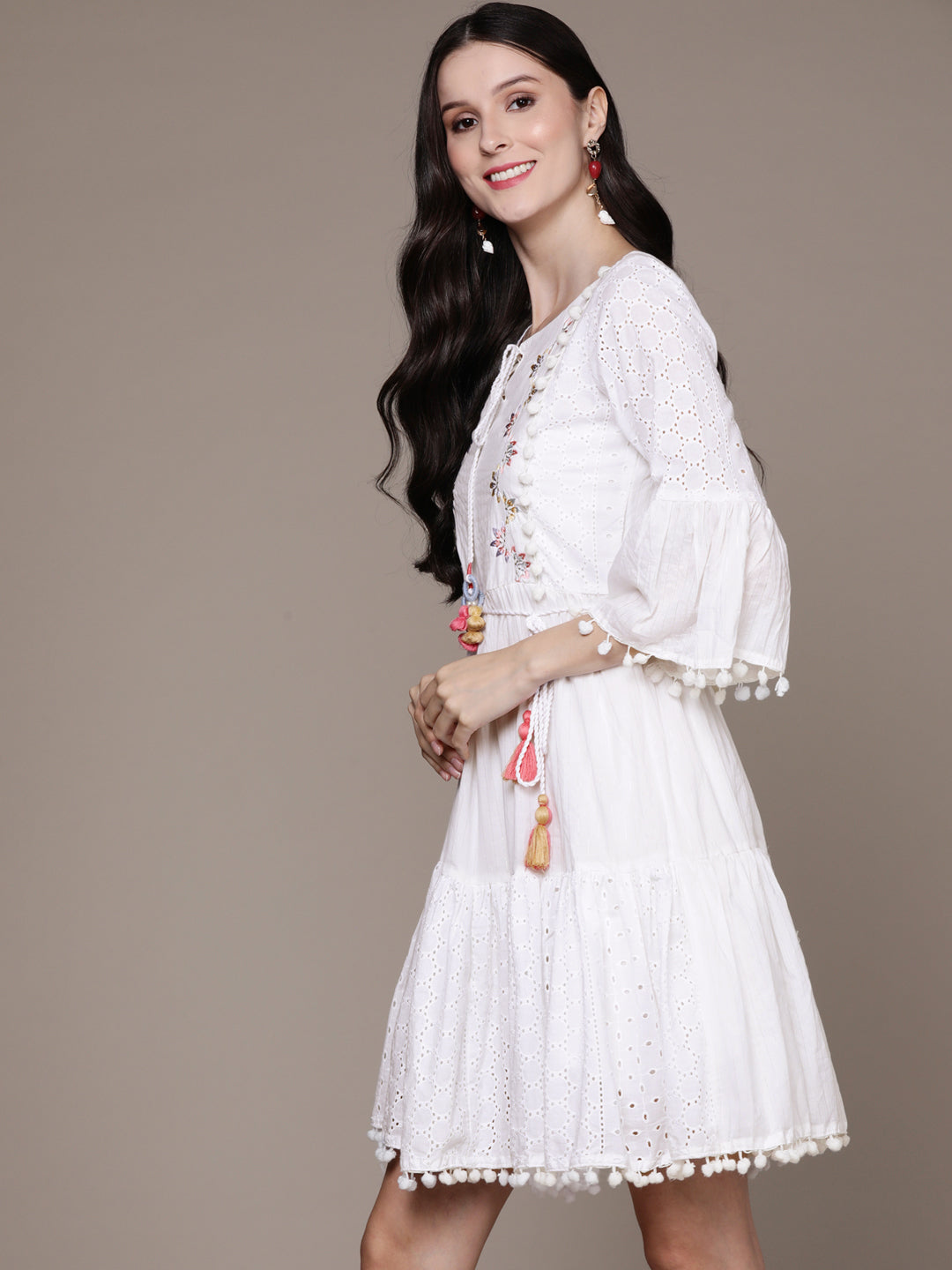 Ishin Women's White Schiffli Embroidered A-Line Dress