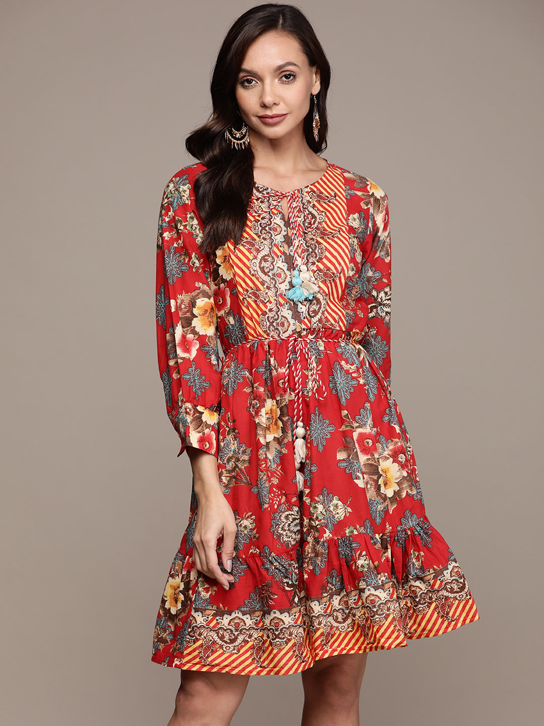 Ishin Women's Red Floral A-Line Dress