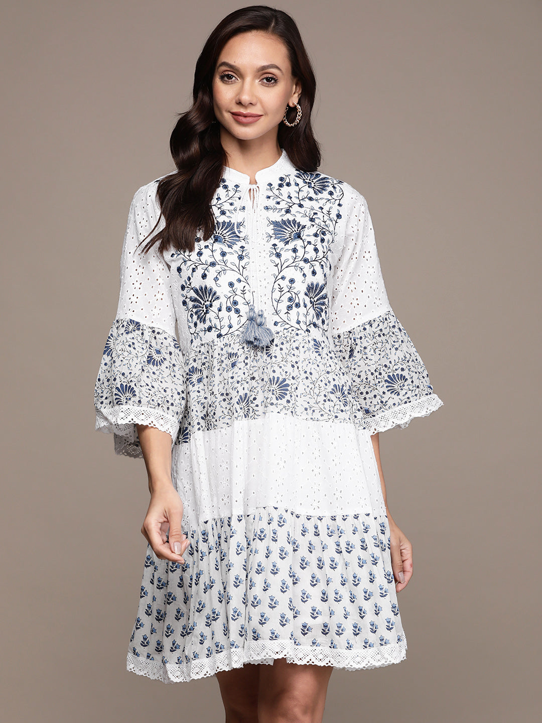 Ishin Women's White Floral A-Line Dress