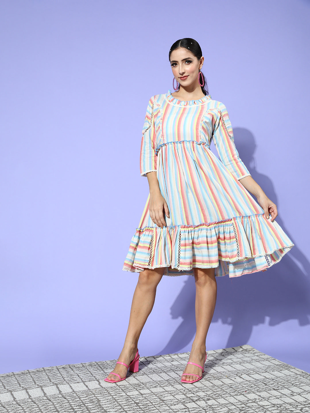 Ishin Women's Candy Striped Fit & Flare Dress