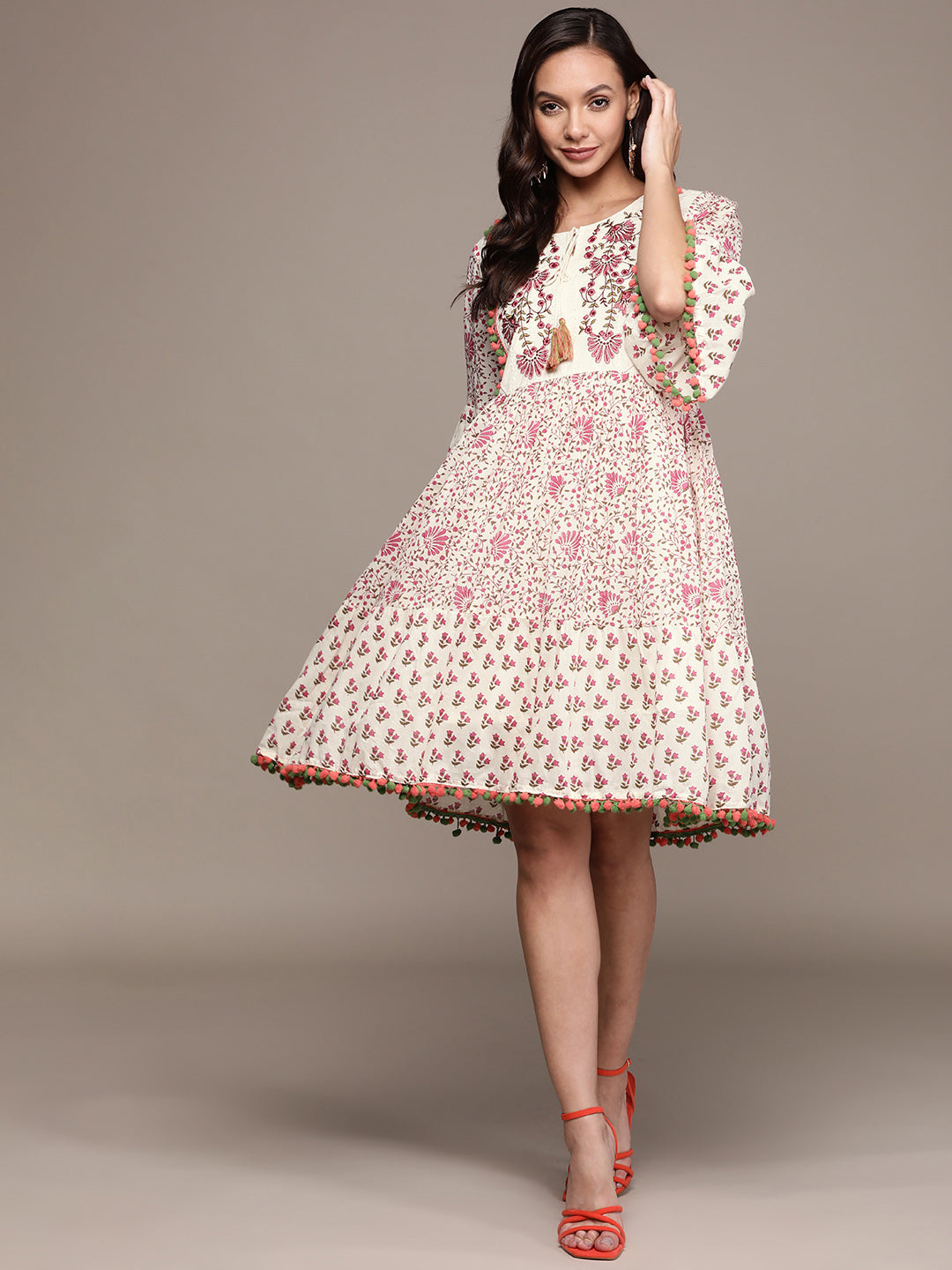 Ishin Women's Cream Embroidered A-Line Dress
