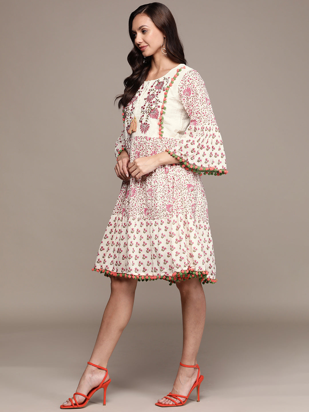 Ishin Women's Cream Embroidered A-Line Dress