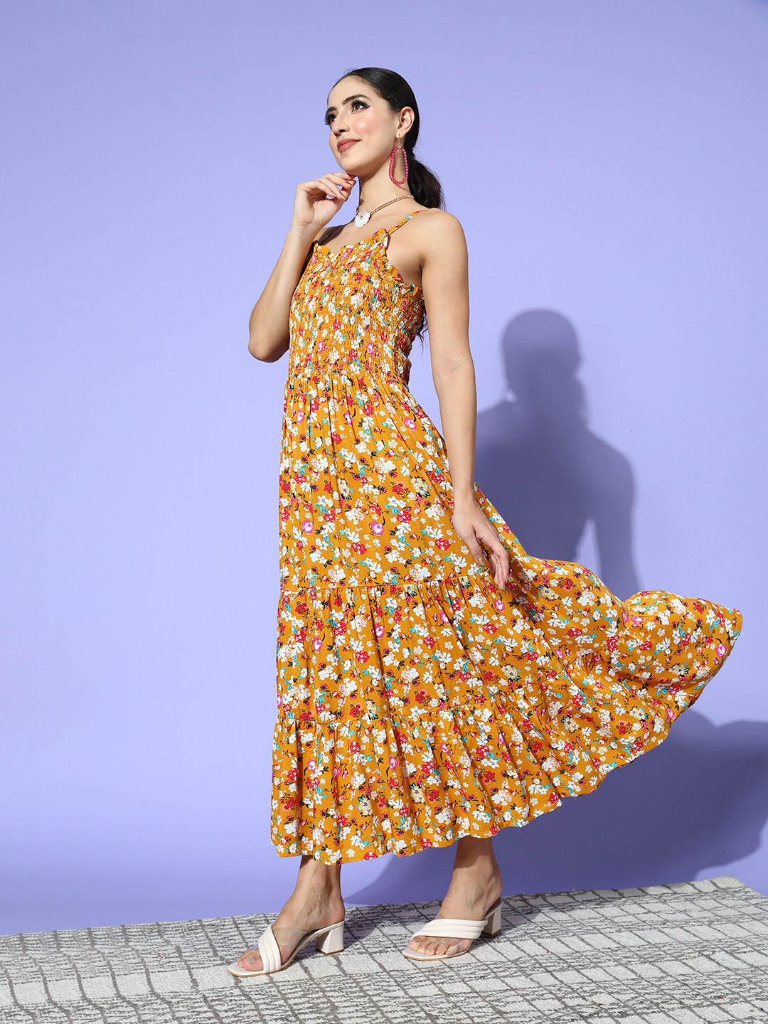 Ishin Women's Mustard Floral Smocked Dress