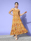 Ishin Women's Mustard Floral Smocked Dress
