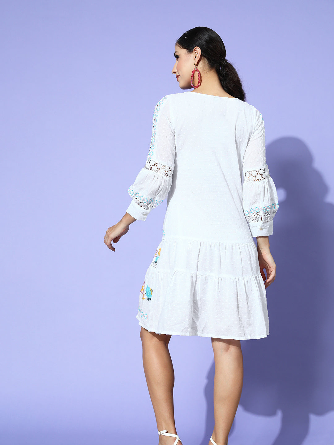 Ishin Women's Cotton White Embroidered A-Line Dress