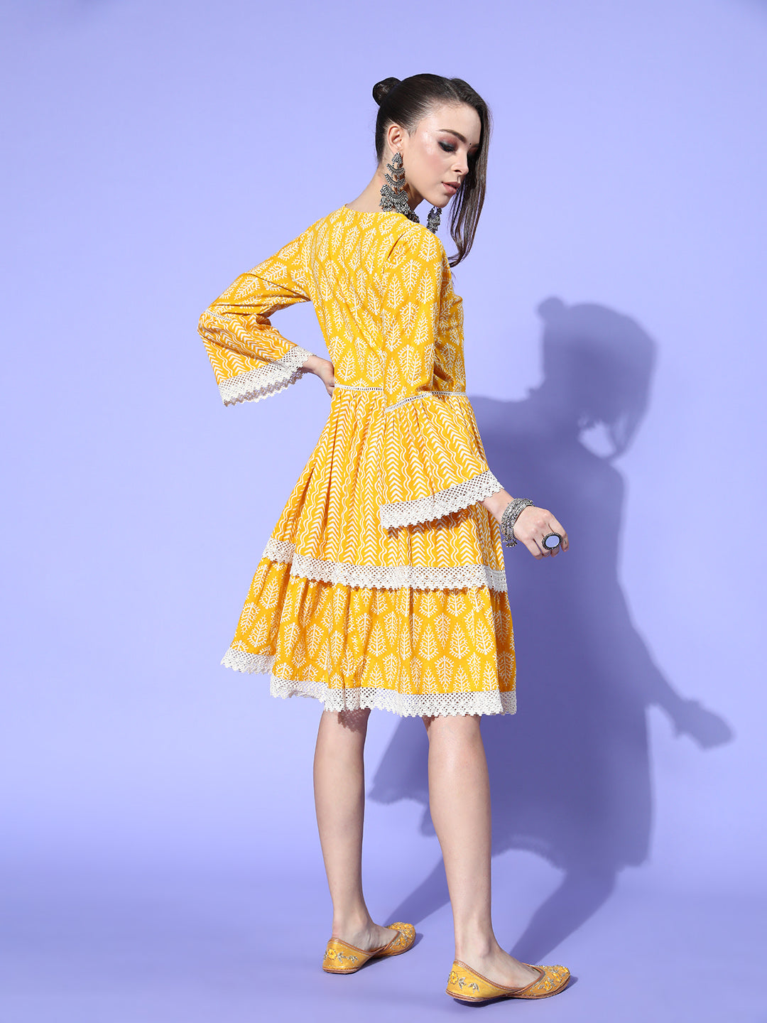 Ishin Women's Cotton Yellow Embroidered A-Line Dress