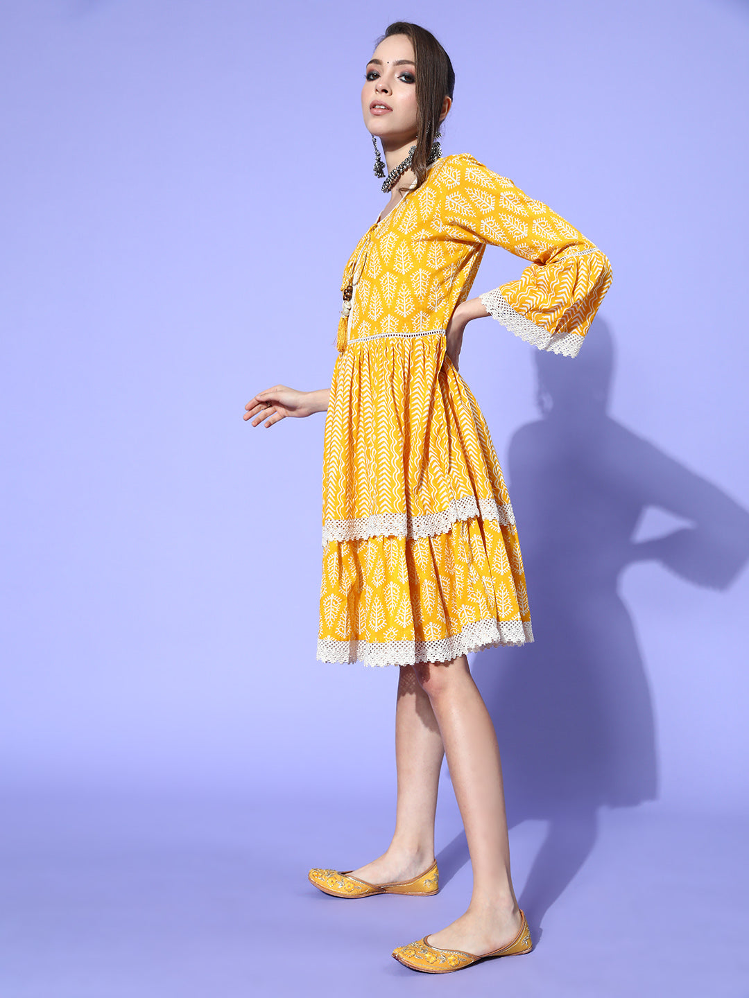 Ishin Women's Cotton Yellow Embroidered A-Line Dress