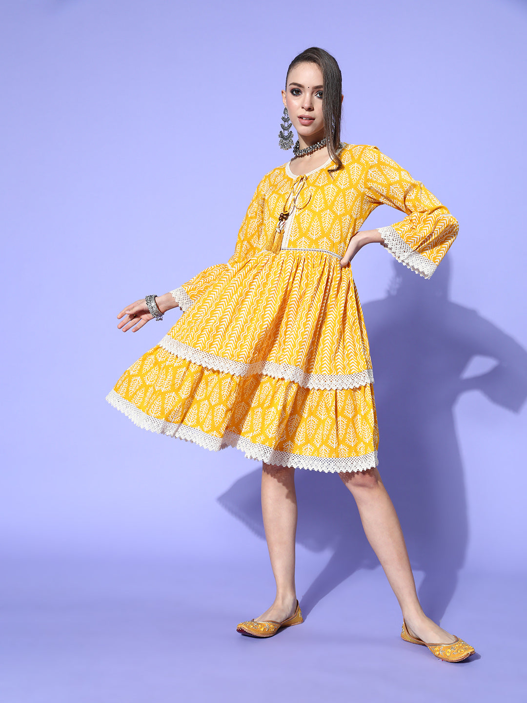 Ishin Women's Cotton Yellow Embroidered A-Line Dress