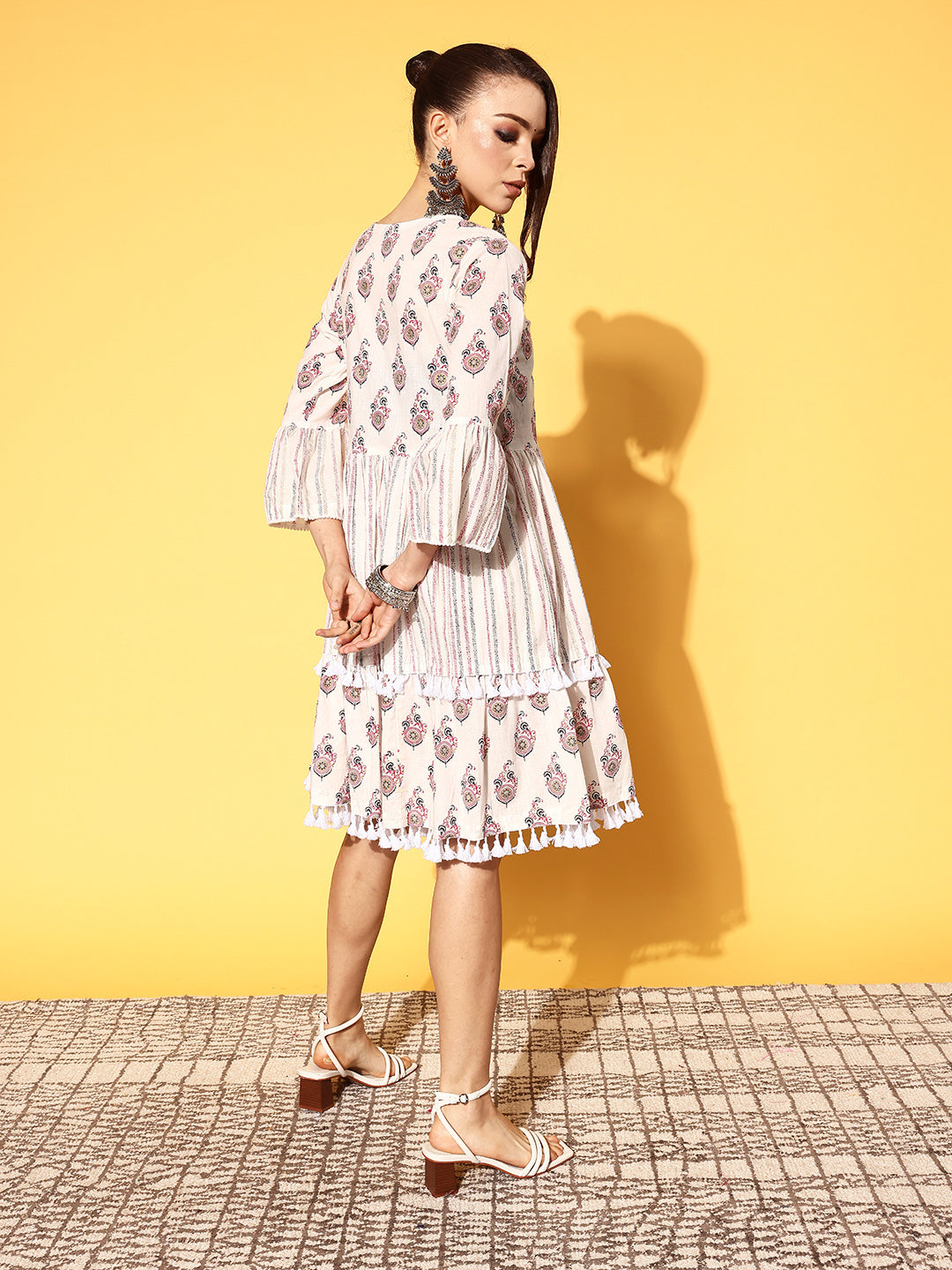 Ishin Women's Cotton White & Red Printed A-Line Dress