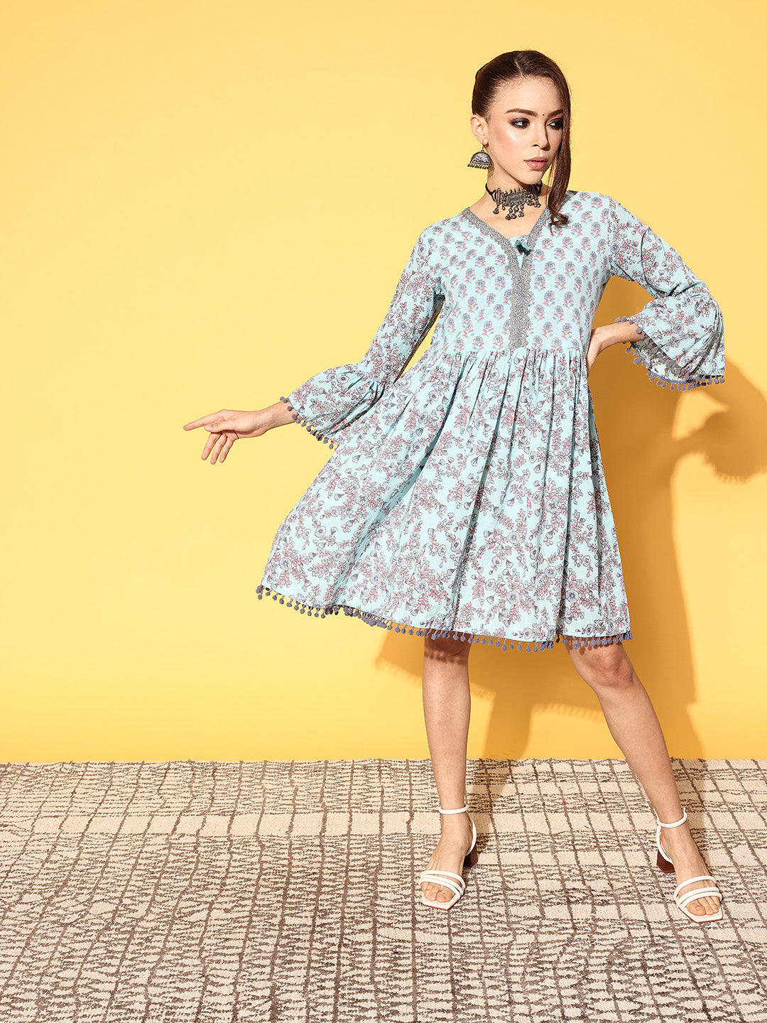 Ishin Women's Cotton Blue Printed A-Line Dress