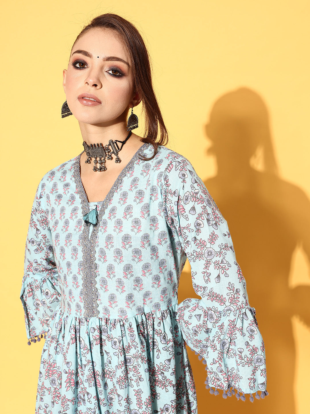 Ishin Women's Cotton Blue Printed A-Line Dress
