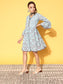 Ishin Women's Cotton Blue Printed A-Line Dress