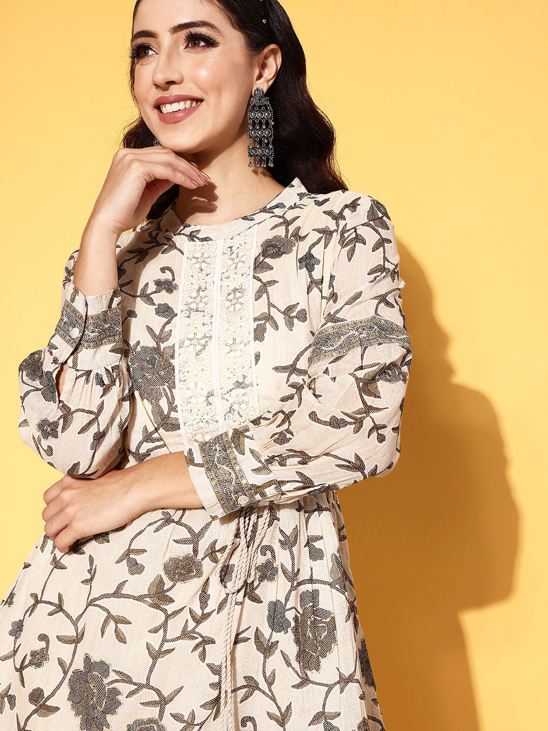 Ishin Women's Cotton Blend Off White Embellished A-Line Tiered Dress