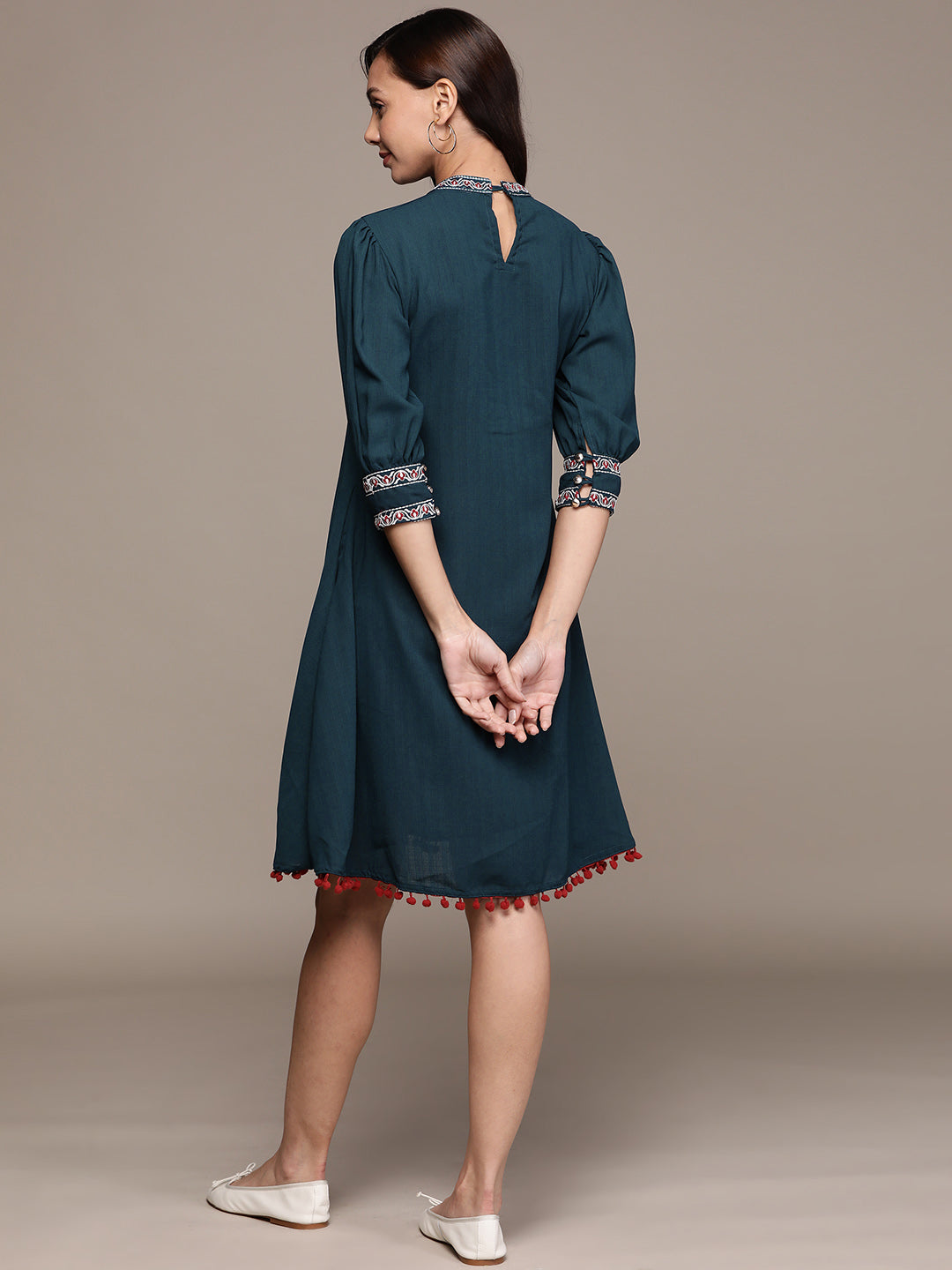 Ishin Women's Georgette Teal Embroidered A-Line Dress