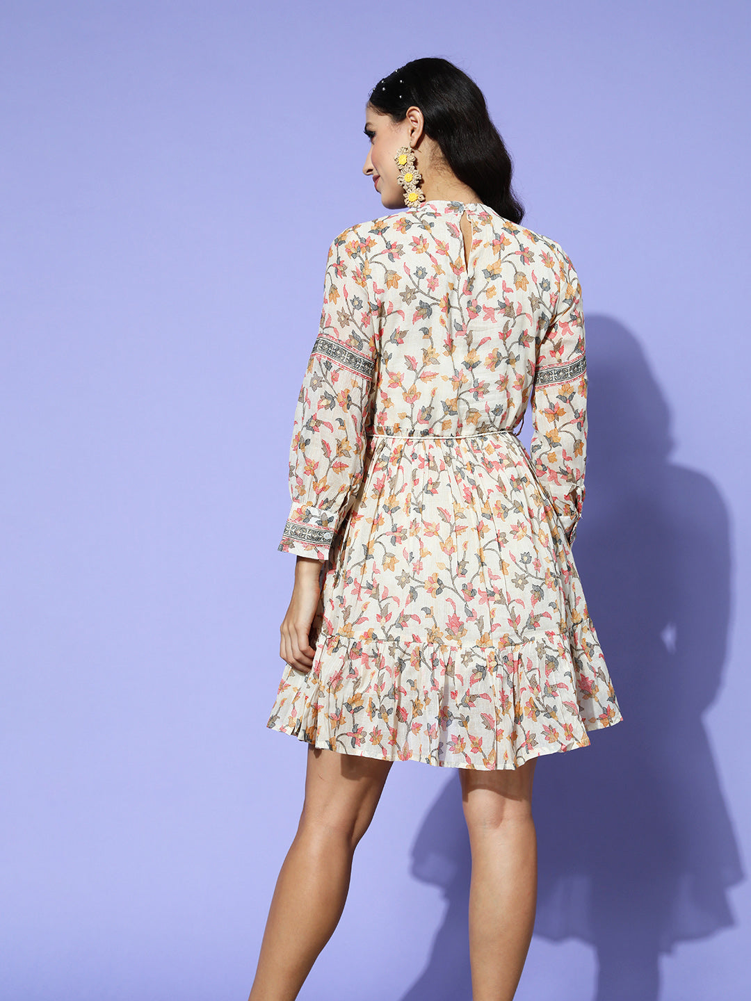 Ishin Women's Cotton Blend Off White Embellished A-Line Tiered Dress