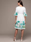 Ishin Women's Cotton White & Sea Green Schiffli Embroidered A-Line Dress