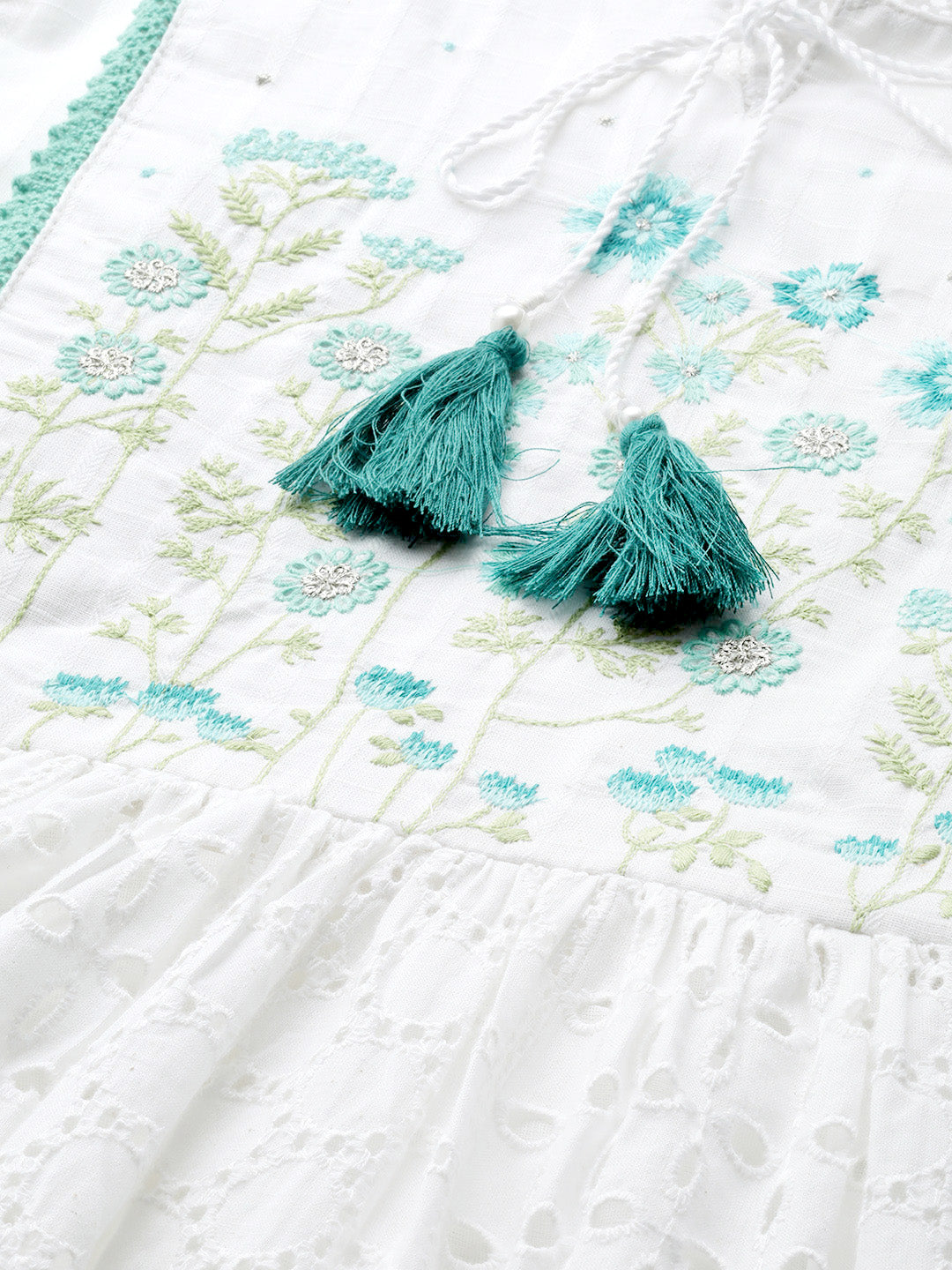 Ishin Women's Cotton White & Sea Green Schiffli Embroidered A-Line Dress