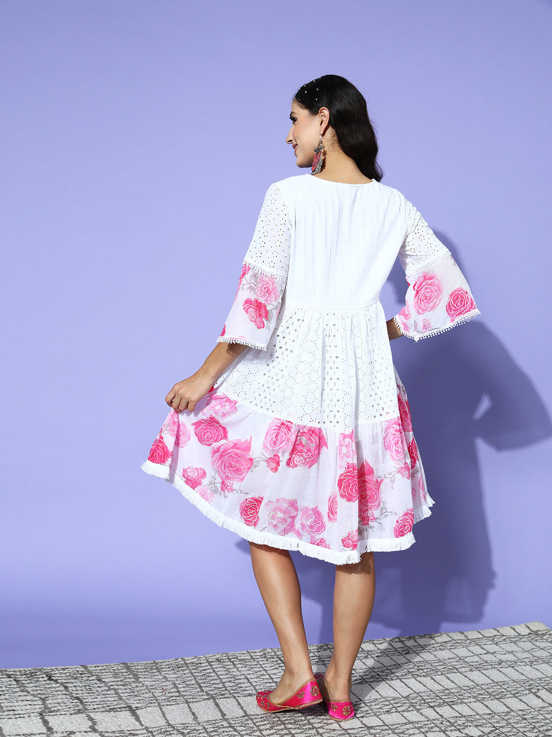 Ishin Women's Cotton White & Pink Schiffli Embroidered A-Line Dress