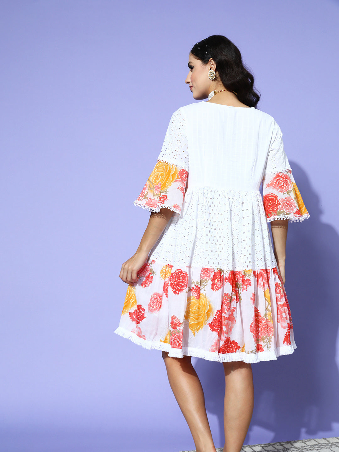 Ishin Women's Cotton White & Peach Schiffli Embroidered A-Line Dress