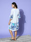 Ishin Women's Cotton White & Blue Schiffli Embroidered A-Line Dress