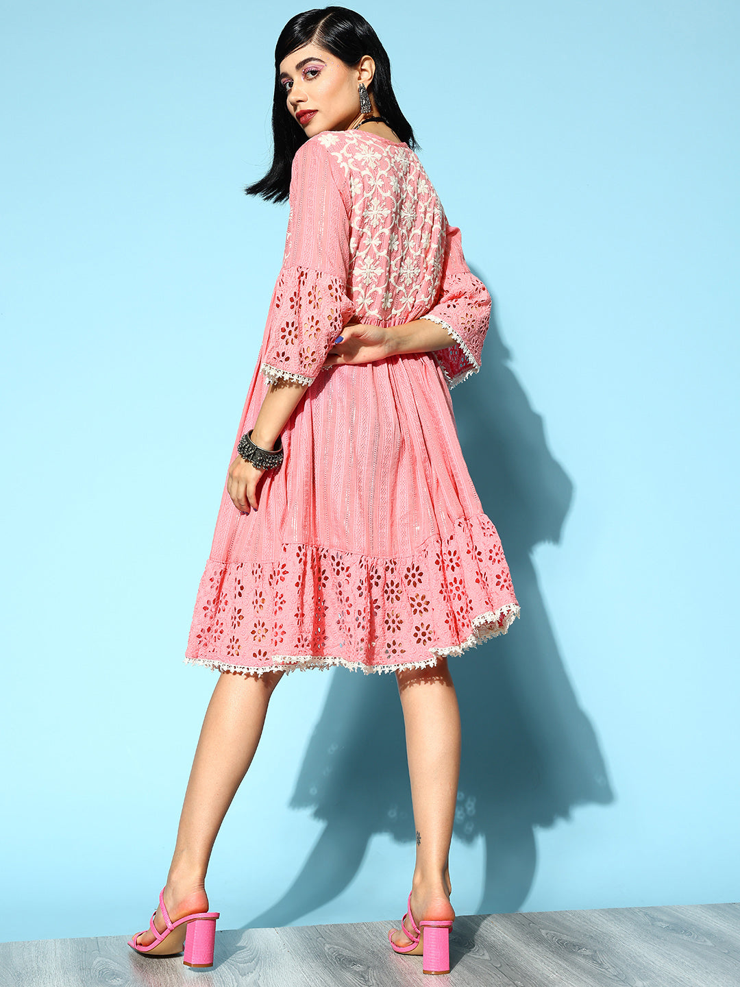 Ishin Women's Cotton Pink Schiffli Embroidered A-Line Dress