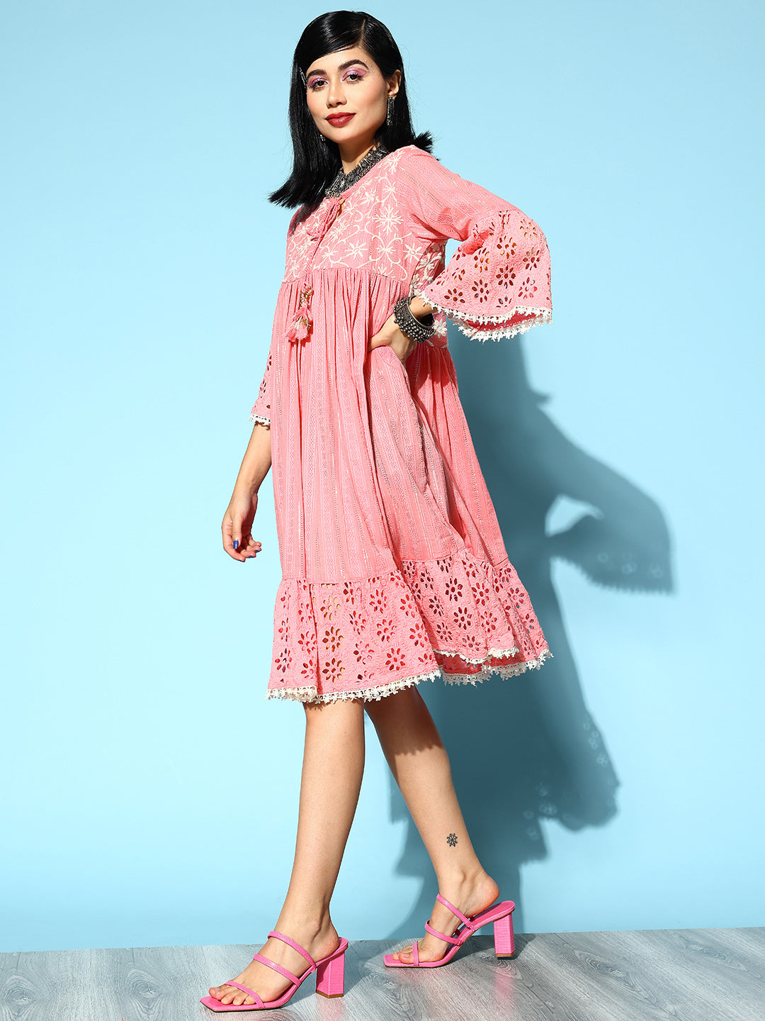 Ishin Women's Cotton Pink Schiffli Embroidered A-Line Dress