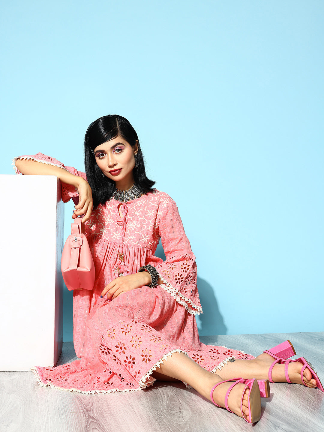 Ishin Women's Cotton Pink Schiffli Embroidered A-Line Dress