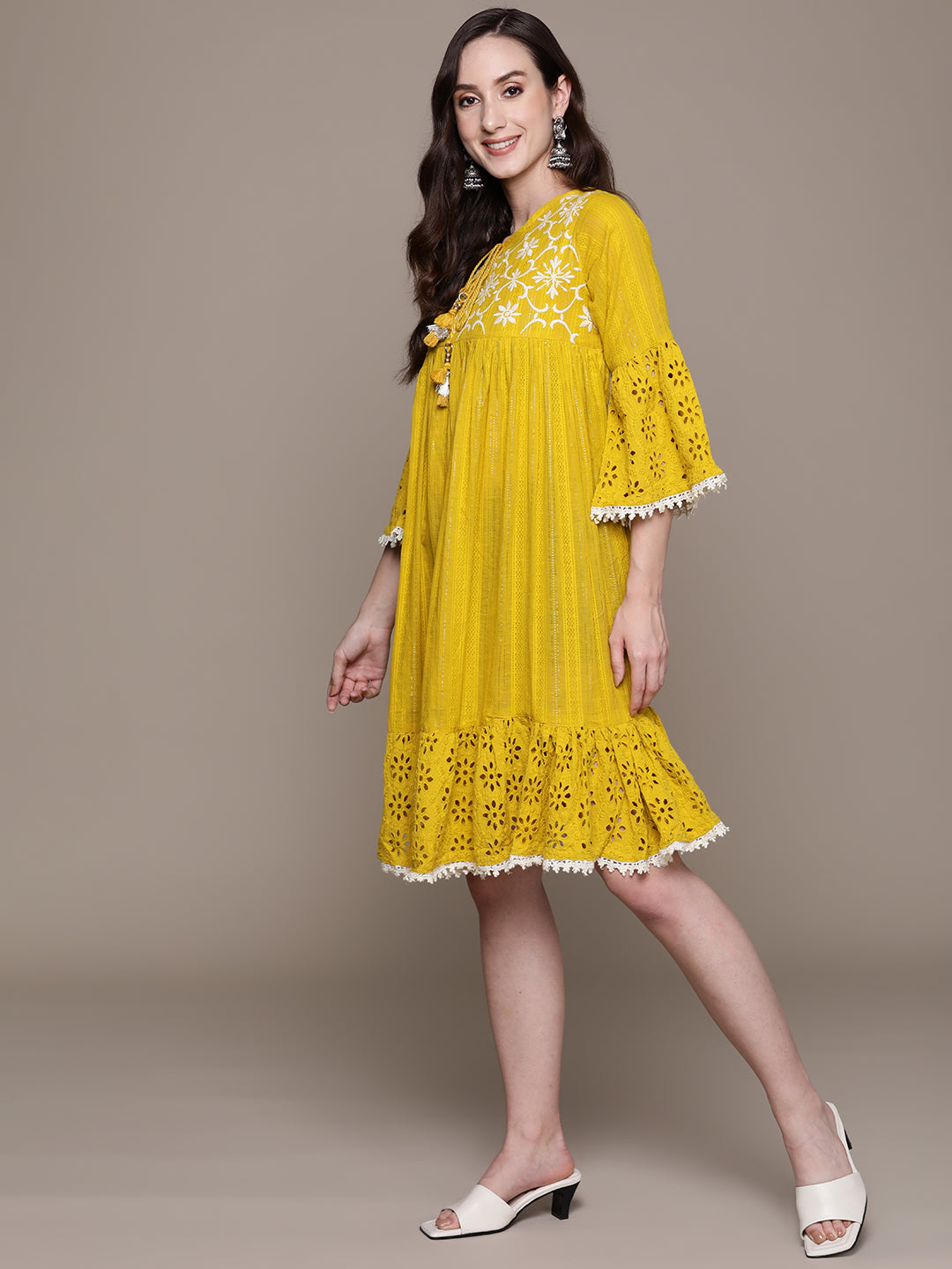 Ishin Women's Cotton Yellow Schiffli Embroidered A-Line Dress