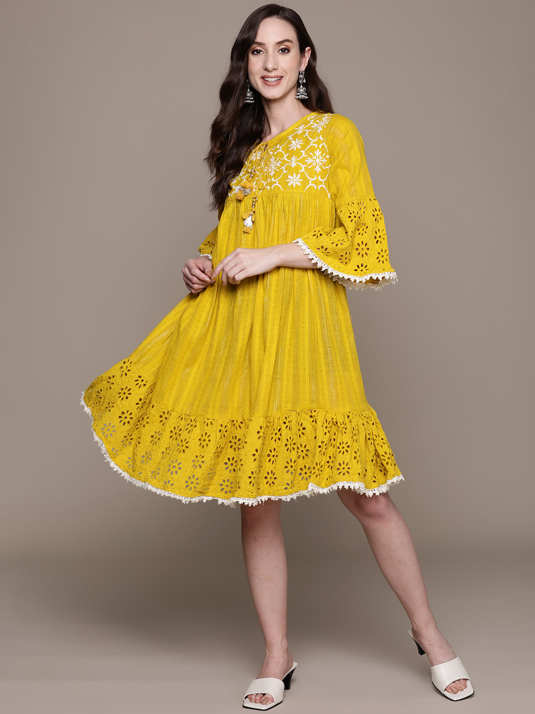 Ishin Women's Cotton Yellow Schiffli Embroidered A-Line Dress