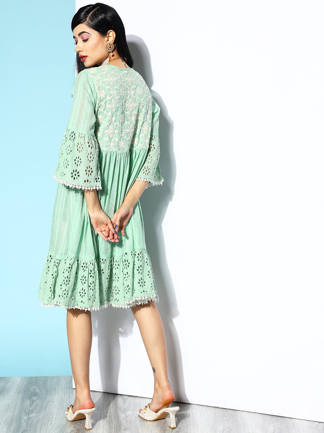 Ishin Women's Cotton Green Schiffli Embroidered A-Line Dress