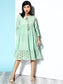 Ishin Women's Cotton Green Schiffli Embroidered A-Line Dress