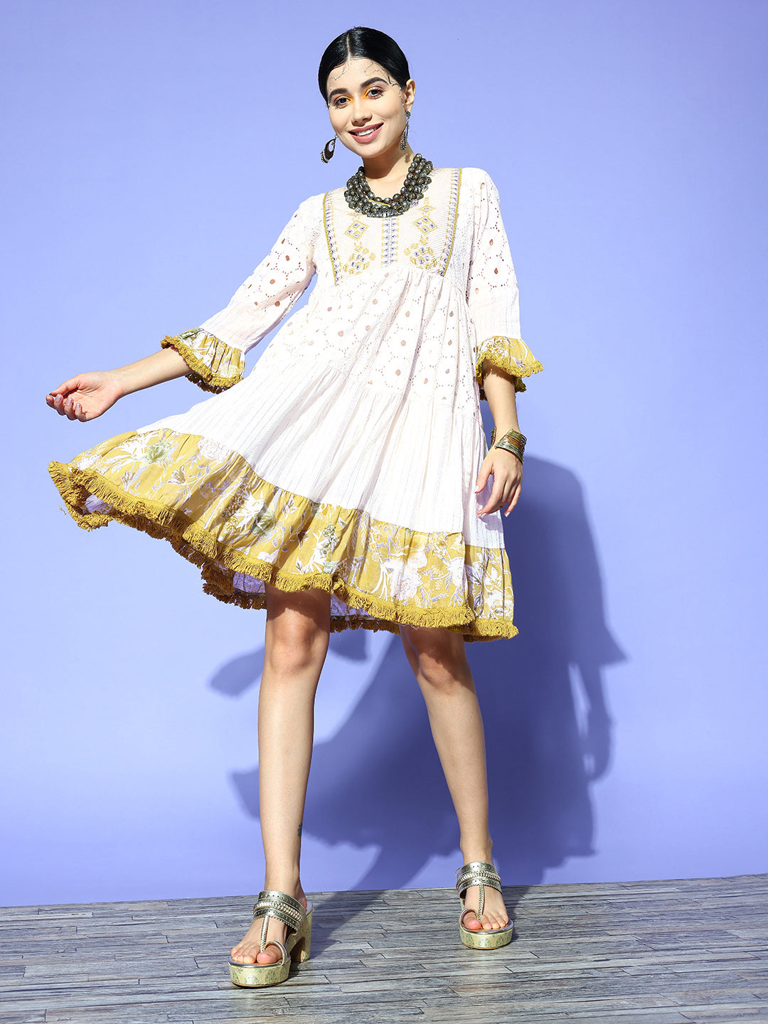 Ishin Women's Cream Schiffli Embroidered A-Line Dress