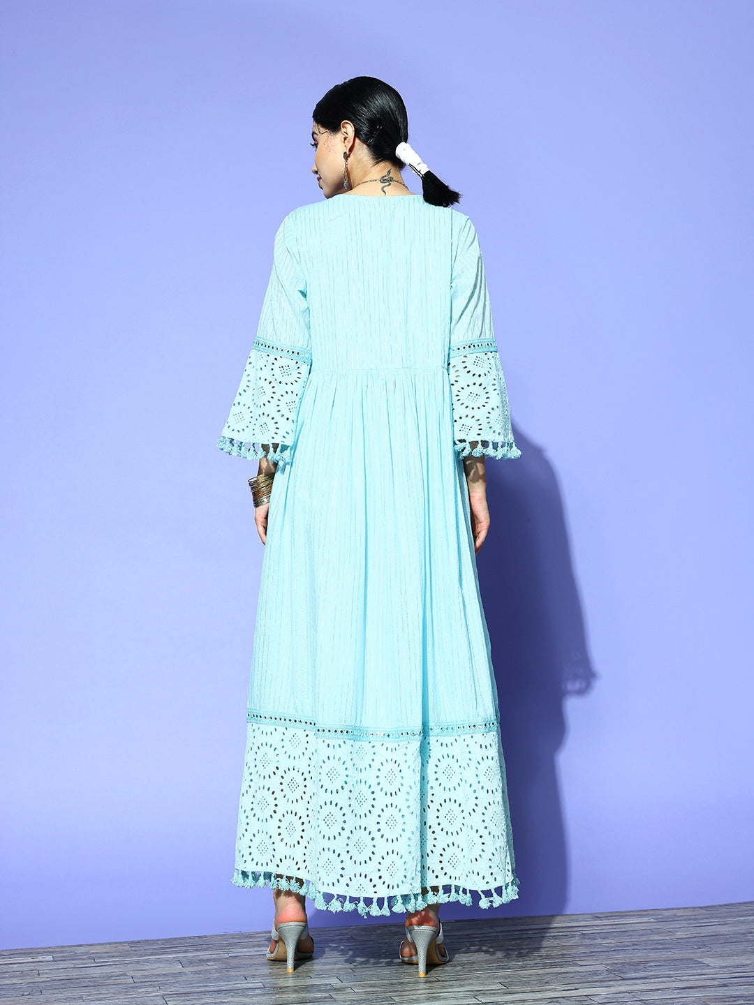 Ishin Women's Sea Blue Embroidered Fit & Flare Dress