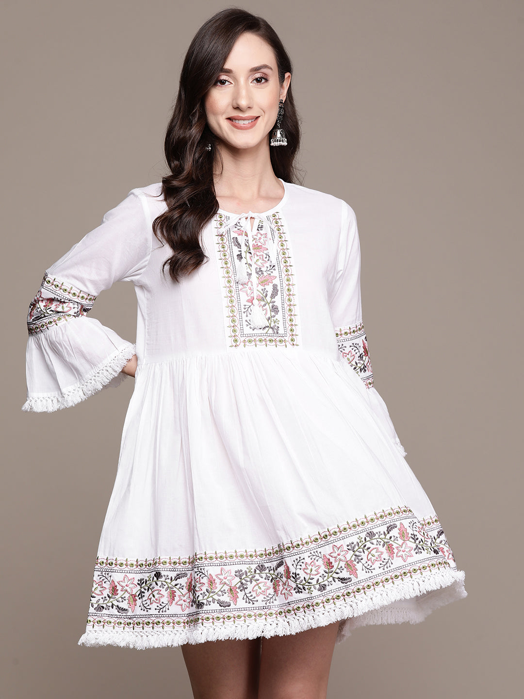 Ishin Women's White Embroidered A-Line Dress