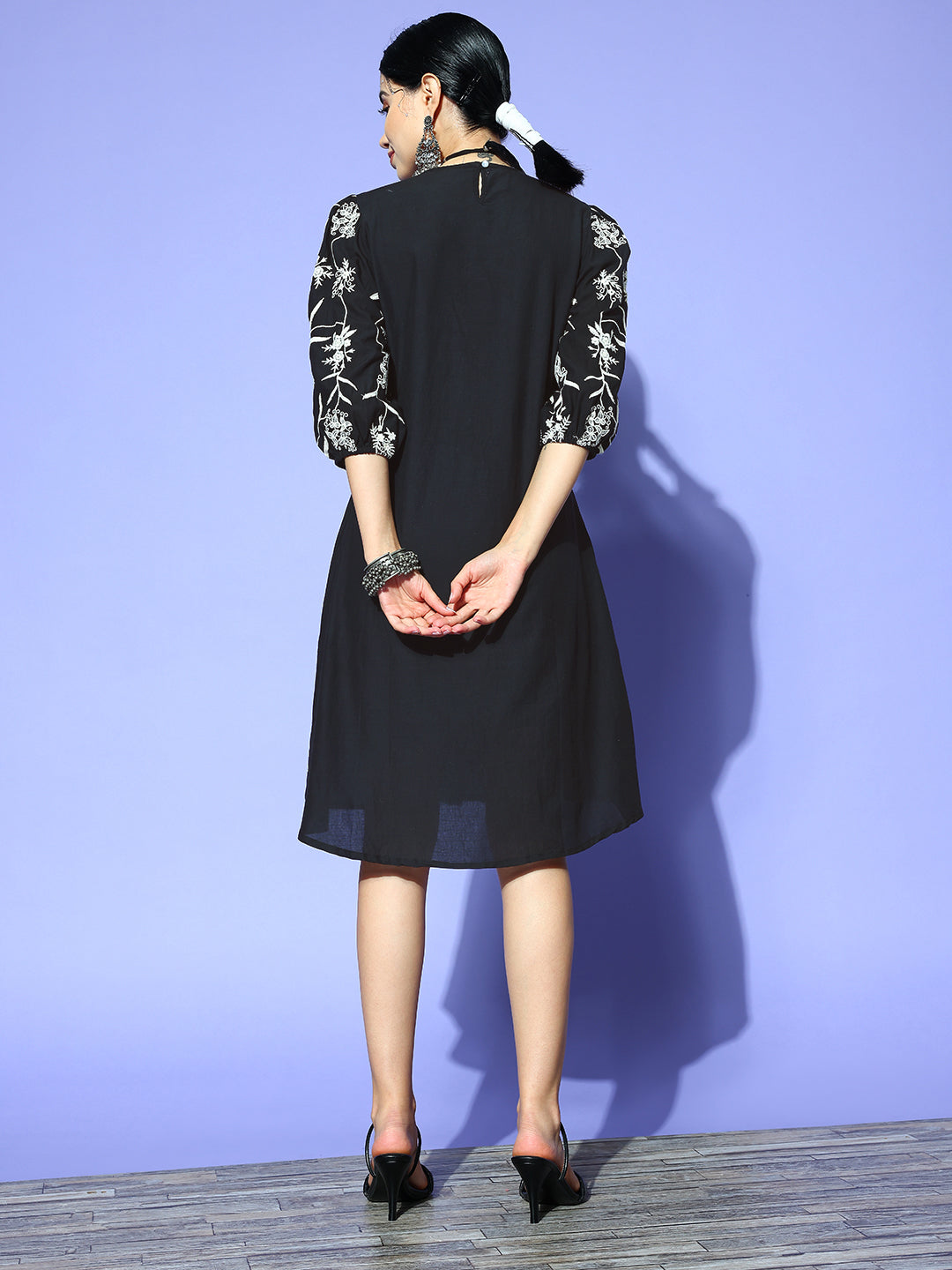 Ishin Women's Black Embroidered A-Line Dress