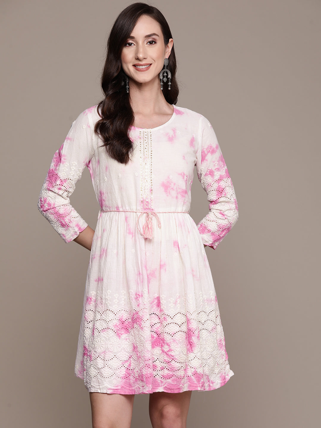Ishin Women's Pink Schiffli Embroidered A-Line Dress