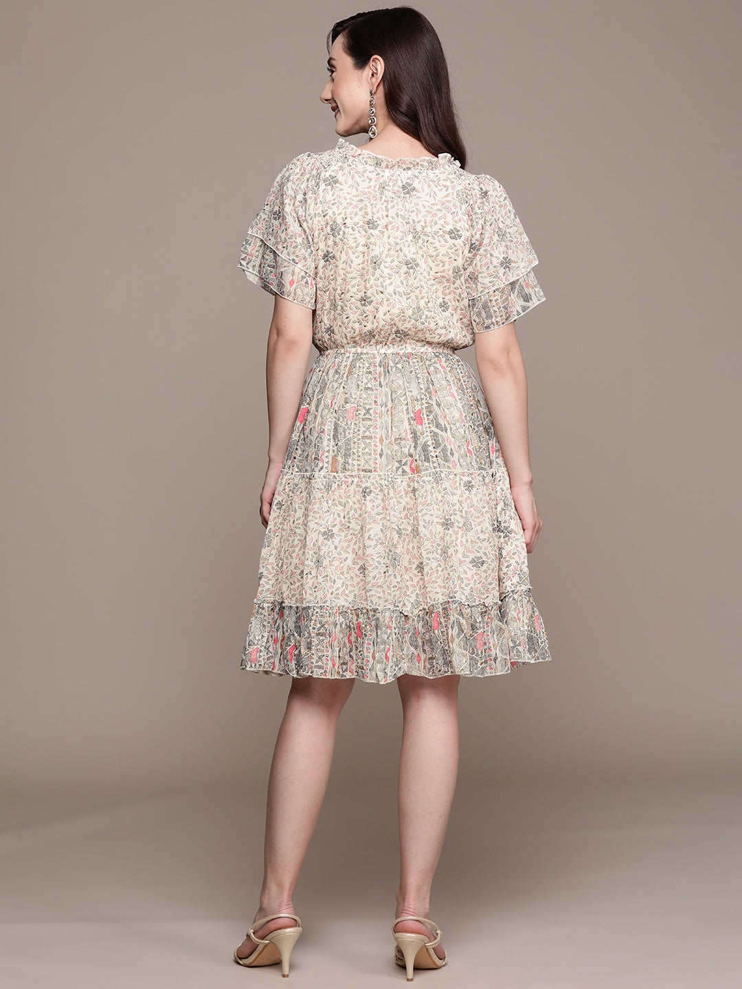 Ishin Women's Cream Floral Empire Dress