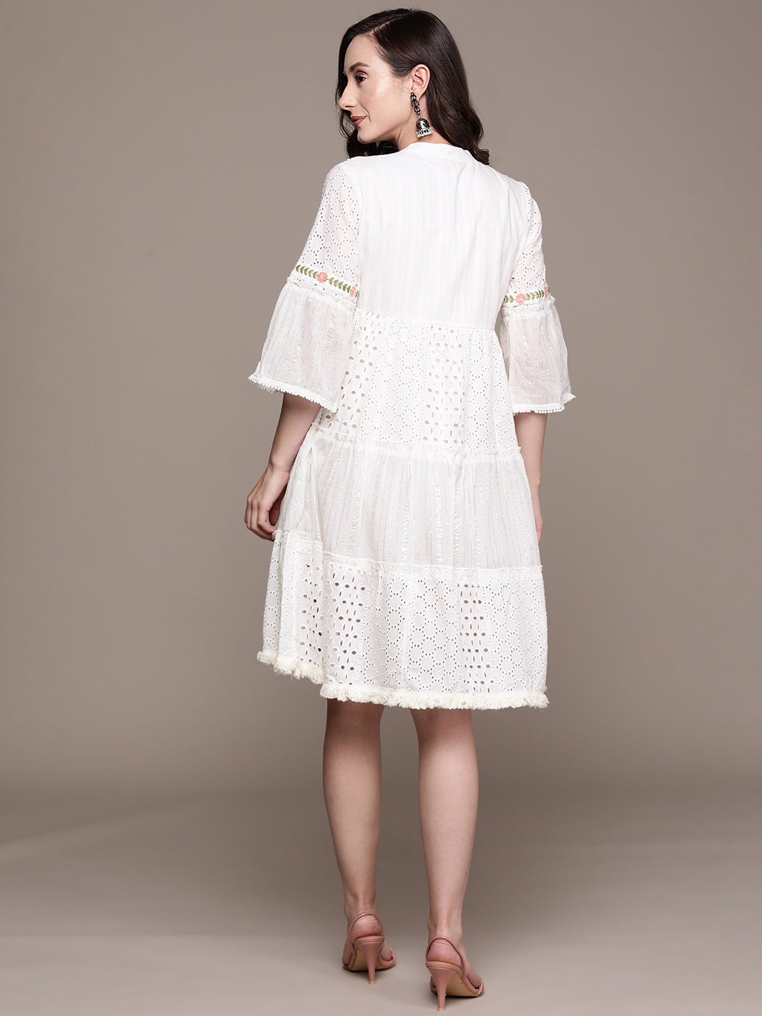 Ishin Women's Off White Embroidered A-Line Dress