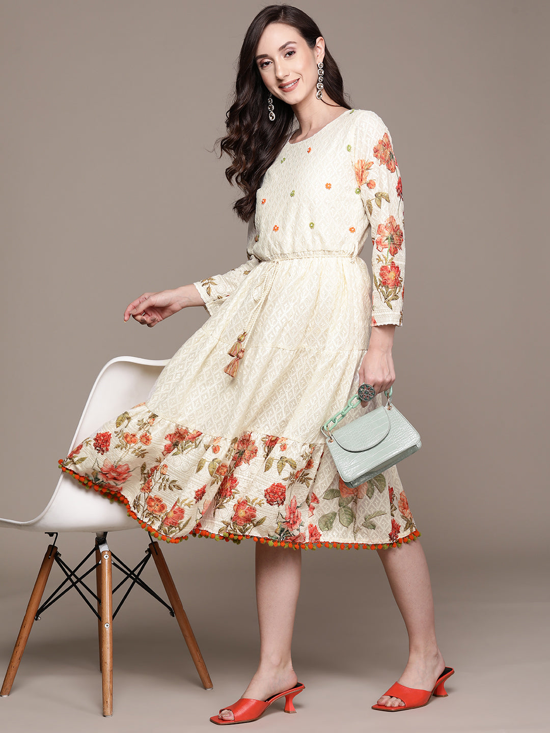 Ishin Women's Cream Embroidered Fit & Flare Dress